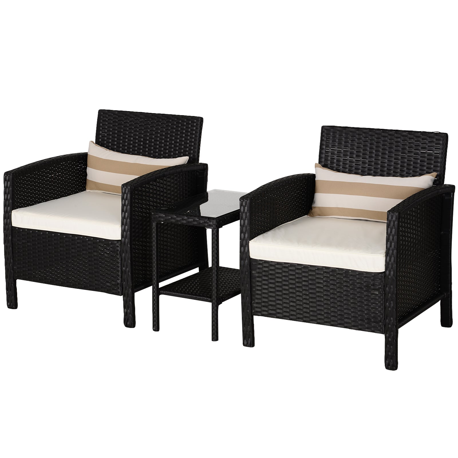 2-Seater PE Rattan Side Table & Armchair Bistro Set Jack and Jill Seat w/ Pillows Black