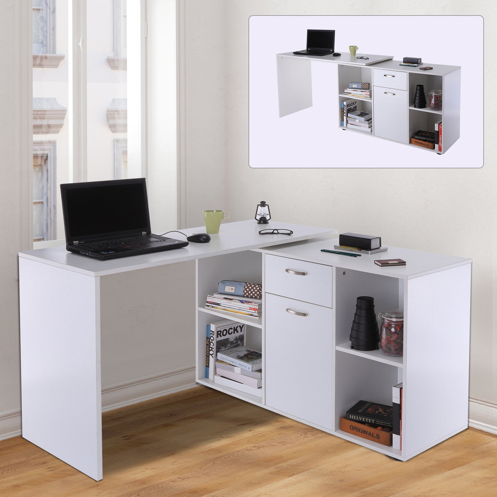 L-Shaped Computer Desk with Storage Compartments, Drawer and Cabinet, Laptop PC Corner Table, Home Office Workstation, 120 x 115 x 76cm, White