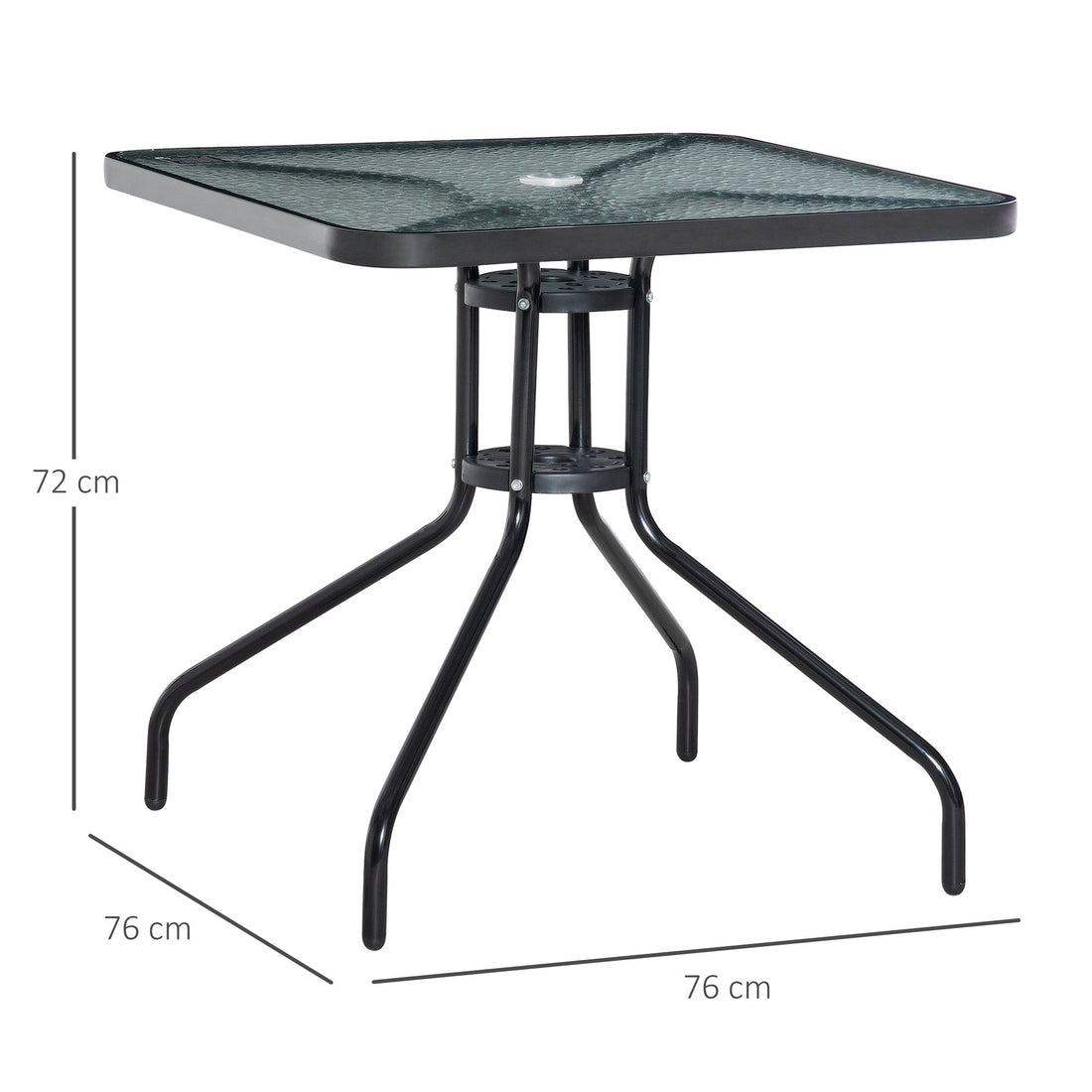 Square Garden Dining Table with Tempered Glass Top & Umbrella Hole, 76 x 76 cm