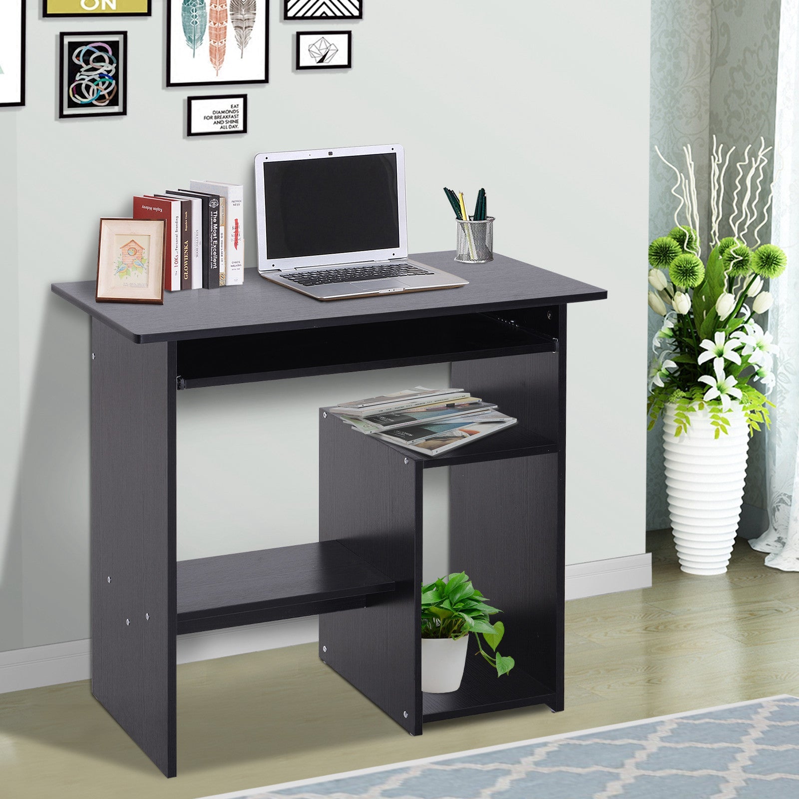 Compact Small Computer Table Wooden Desk Keyboard Tray Storage Shelf Modern Corner Table Home Office Black