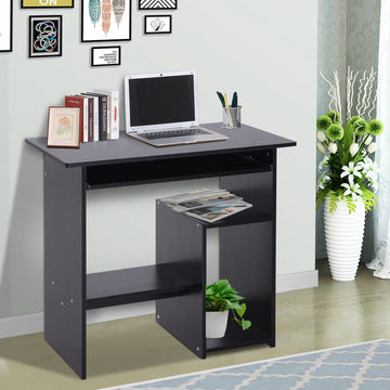 Compact Small Computer Table Wooden Desk Keyboard Tray Storage Shelf Modern Corner Table Home Office Black