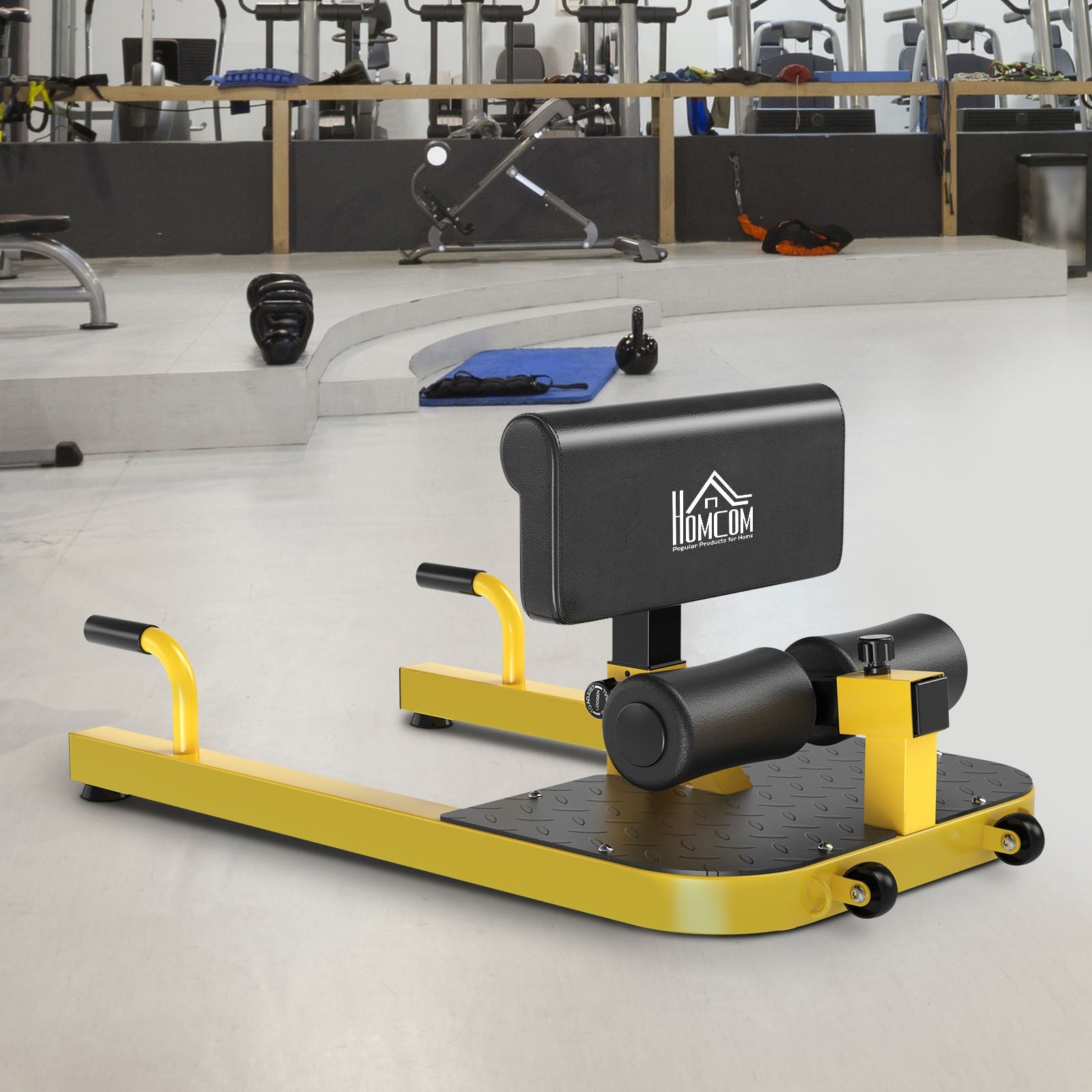 Squat Machine with Push Up Stand, Padded Hip Thrust Bench with Adjustable Cushion for Home Gym Work Out, Yellow