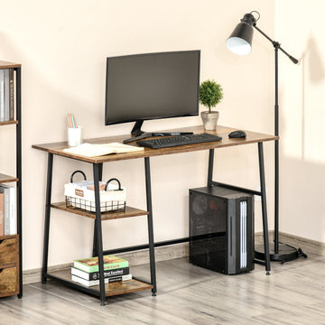 120cm Computer Desk with Storage, Industrial Home Office Desk with 2 Tier Shelves and Steel Frame, Computer Table for Study Room, Rustic Brown