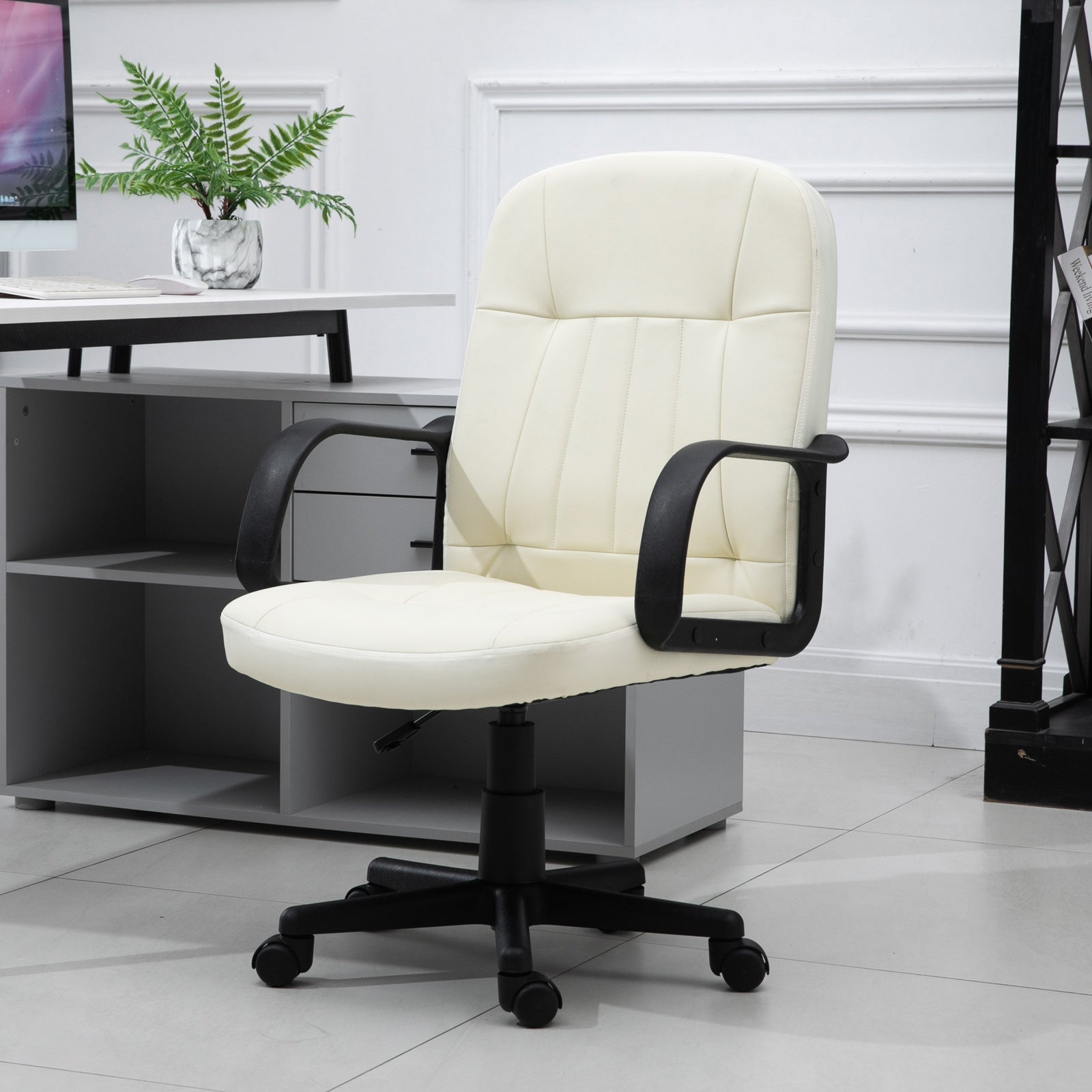Swivel Executive Office Chair Home Mid Back PU Leather Computer Desk Chair for Adults with Arm, Wheels, Cream