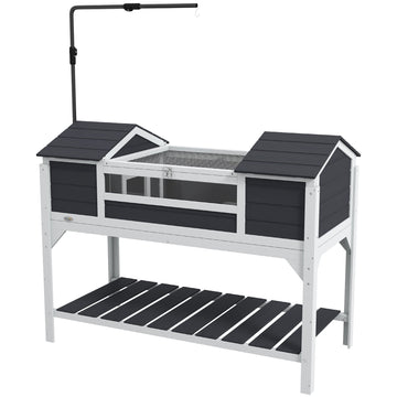 Wooden Tortoise Enclosure w/ Adjustable Lamp Holder, Openable Lid, Dual Main Houses, Storage Shelf, Fixed Tray - Grey