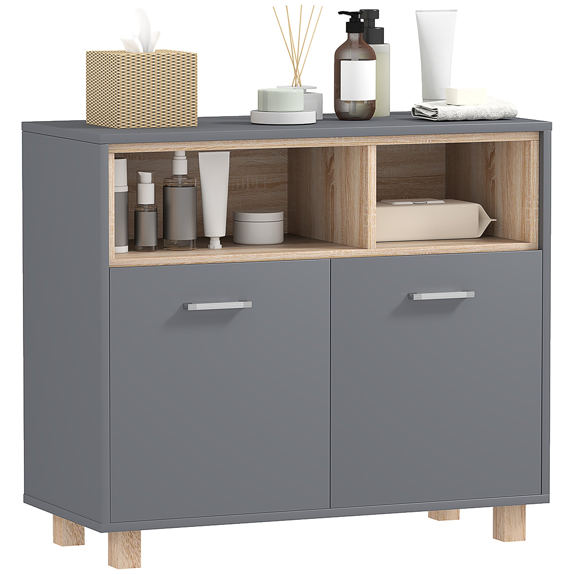 Freestanding Bathroom Cabinet, Bathroom Storage Unit, Bathroom Storage Cabinet with Open Compartments and Double Doors