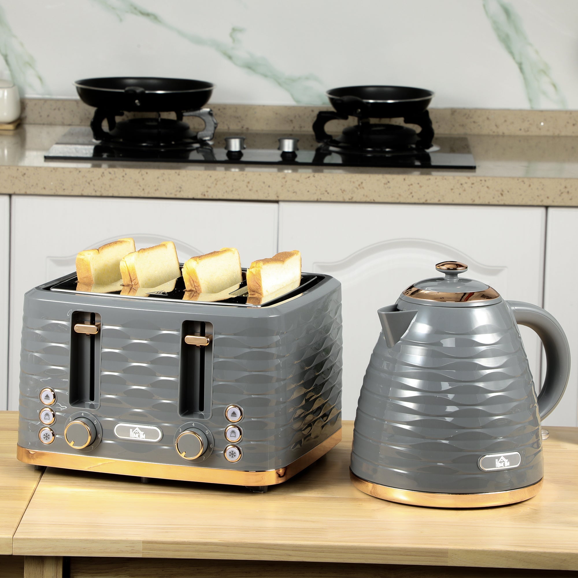 Kettle and Toaster Sets, 3000W 1.7L Rapid Boil Kettle & 4 Slice Toaster with 7 Browning Controls, Defrost, Reheat and Crumb Tray, Otter thermostat, Grey