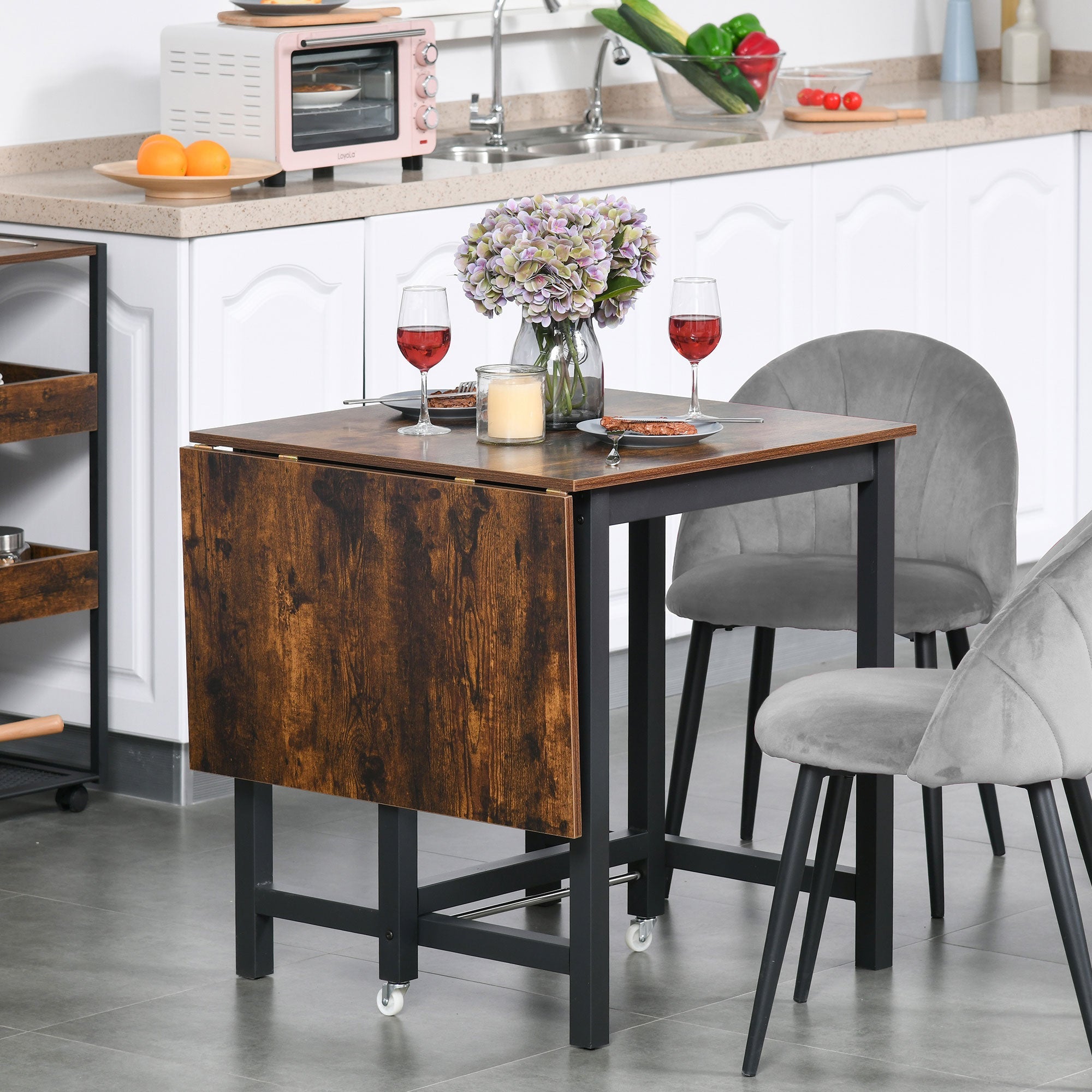 Folding Dining Table, Industrial Drop Leaf Table with Wheels and Metal Frame for Kitchen, Dining Room, Space Saving, Rustic Brown