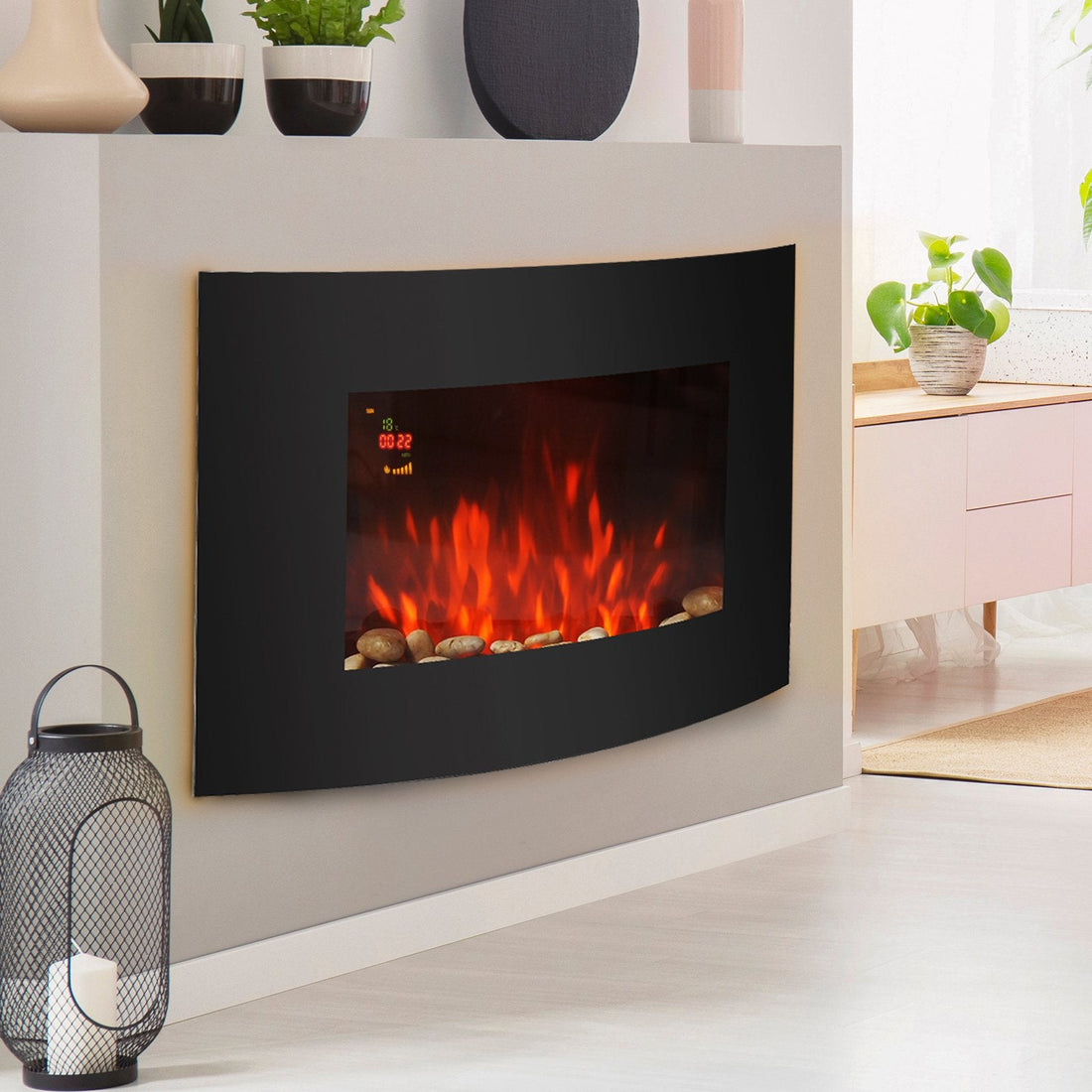 Led Wall Mounted Fireplace Curved Glass Electric Fire Place Fire Place 7 Colour Side Lights Slimline, 1000/2000W, 89.2cm x 48cm