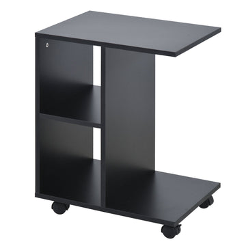 C-Shape End Table Unique Storage Unit w/ 2 Shelves 4 Wheels Freestanding Home Furniture Cabinet Square Black