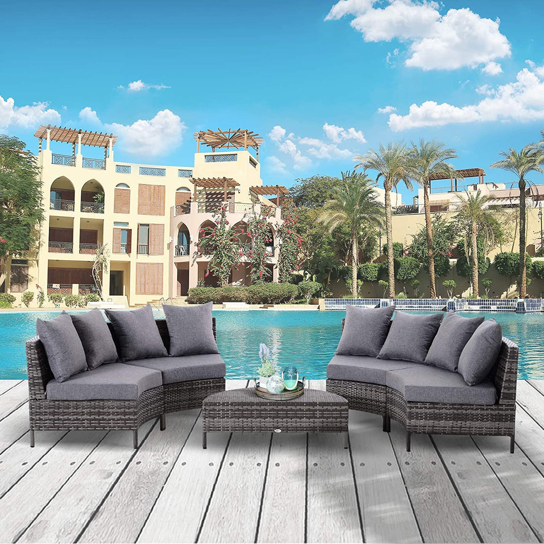 5 Pieces Rattan Garden Furniture Set, 4 Seater Half-Round Garden Sofa Set with Thickened Cushions, Wicker Conservatory Furniture with 4 Chairs, Rattan Coffee Table and Pillows, Grey
