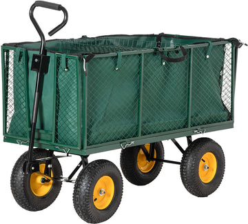 Large 4 Wheel Heavy Duty Garden Cart Truck Trolley Wheelbarrow with Handle and Metal Frame - Green