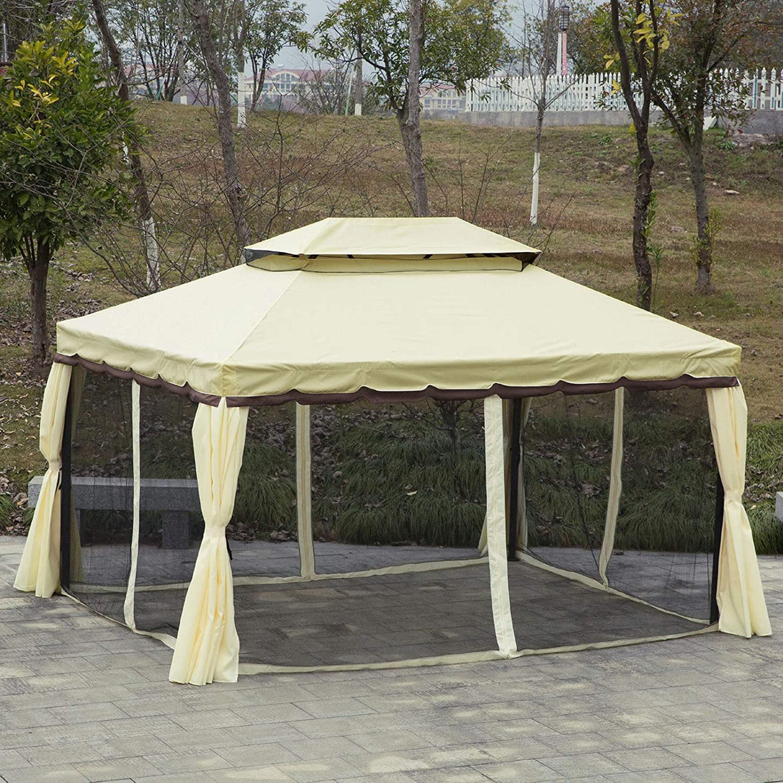 4 x 3 m Aluminum Garden Gazebo, Double Roof Outdoor Gazebo Canopy Shelter with Netting & Curtains for Garden, Lawn, Backyard and Deck, Cream