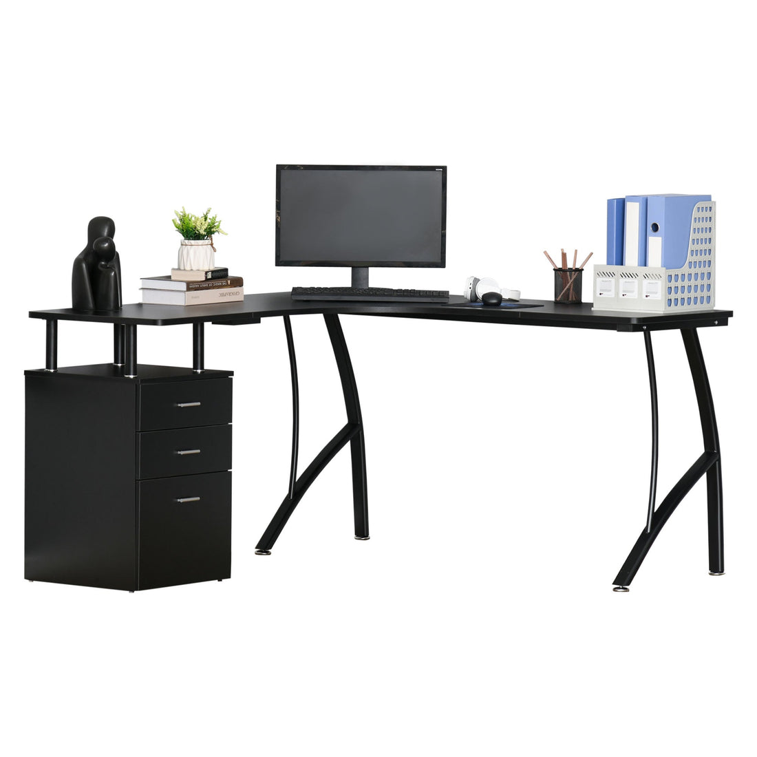 L-Shaped Computer Desk Table with Storage Drawer, Home Office Desk Corner Industrial Style Workstation for A4 Files 143.5 x 143.5 x 76cm, Black