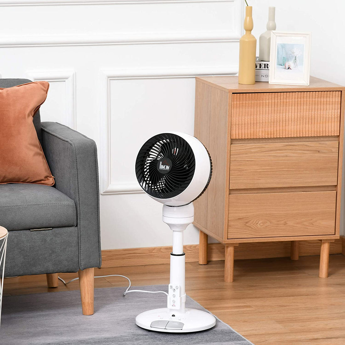 9'' Air Circulator Fan 3 Speed 3 Mode, 70° Oscillation 90° Vertical Tilt, Height Adjustable, Remote Controller, for Living Room, Bedroom, Office, Black and White