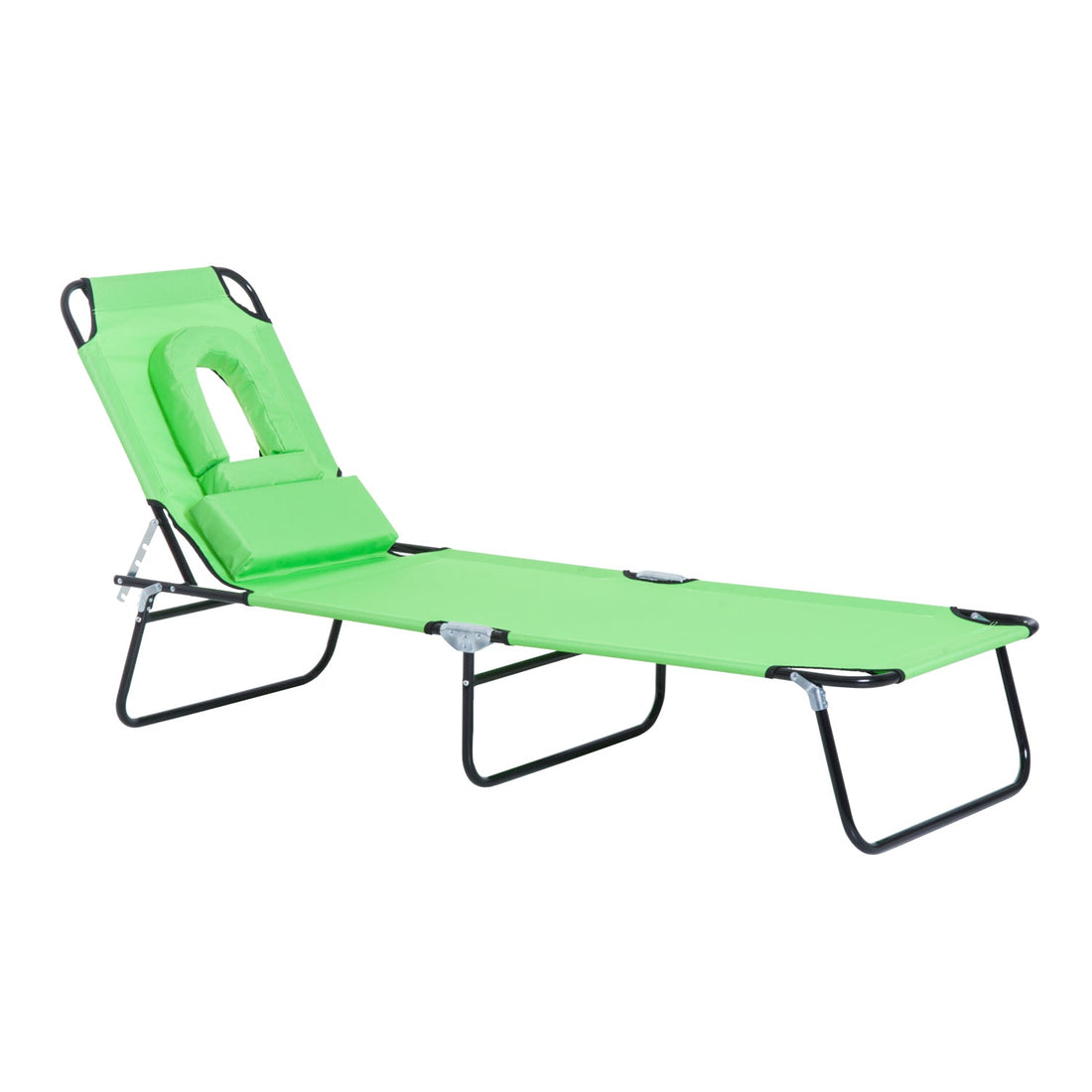 Outdoor Folding Sun Lounger with Face Hole, 4 Level Adjustable Backrest Reclining Garden Lounger, Garden Recliner Sunbed with 600 D Oxford Cloth Seat and Pillow for Beach, Green