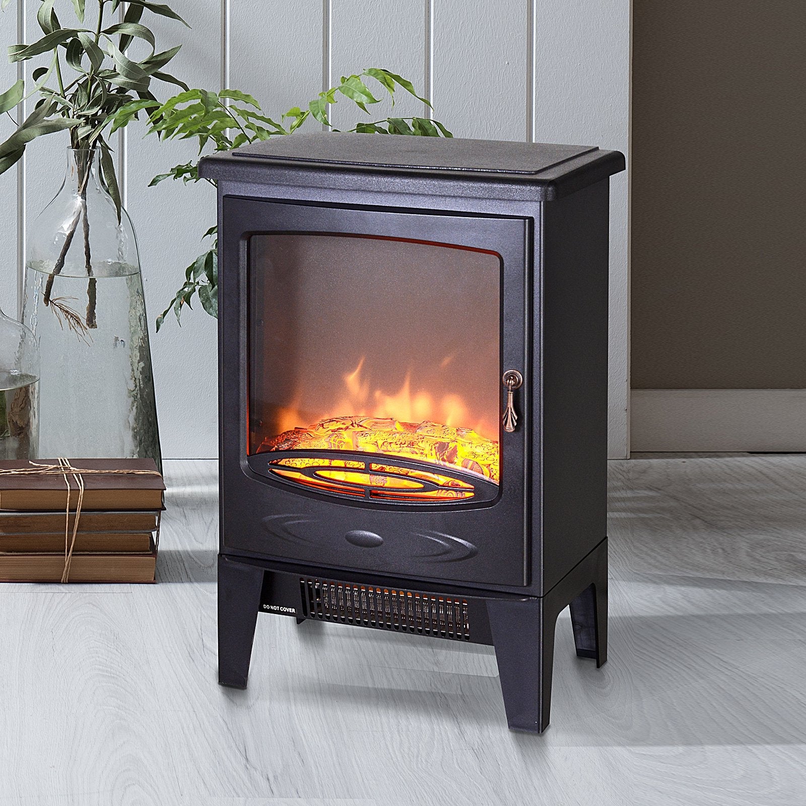 Tempered Glass Casing Electric Fireplace, Freestanding Electric Fire with Realistic Flame Effect, Log Burner with Overheat Protection, 950w/ 1850W, Black