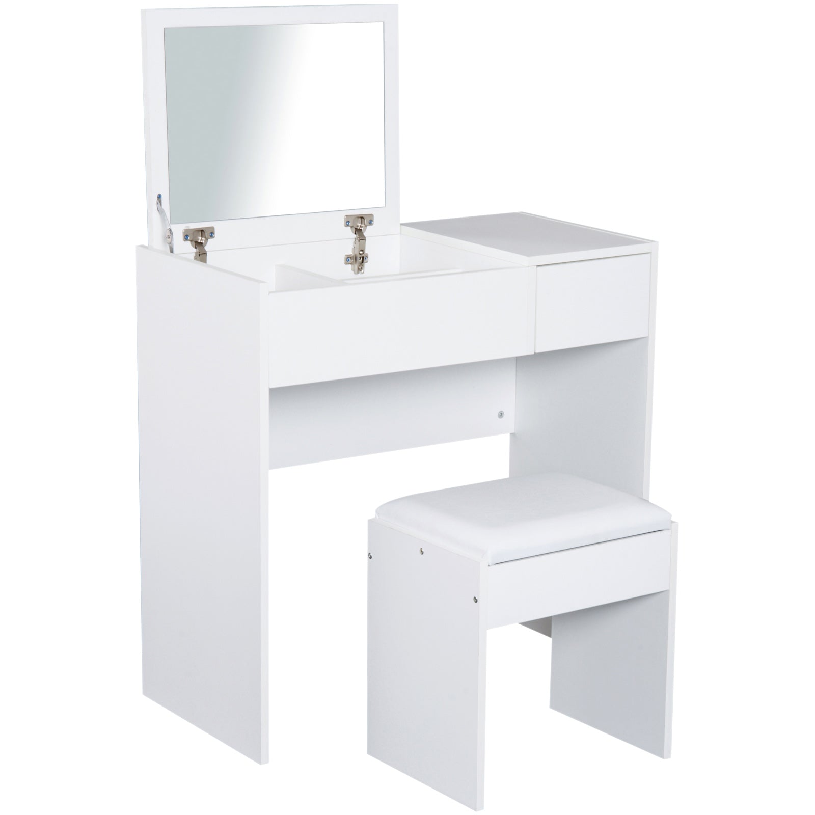 Makeup Desk with Drawer, Vanity Table Set with Flip-up Mirror and Cushioned Stool, White