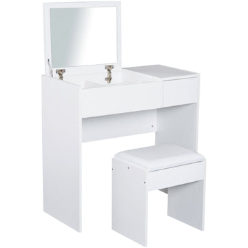 Makeup Desk with Drawer, Vanity Table Set with Flip-up Mirror and Cushioned Stool, White