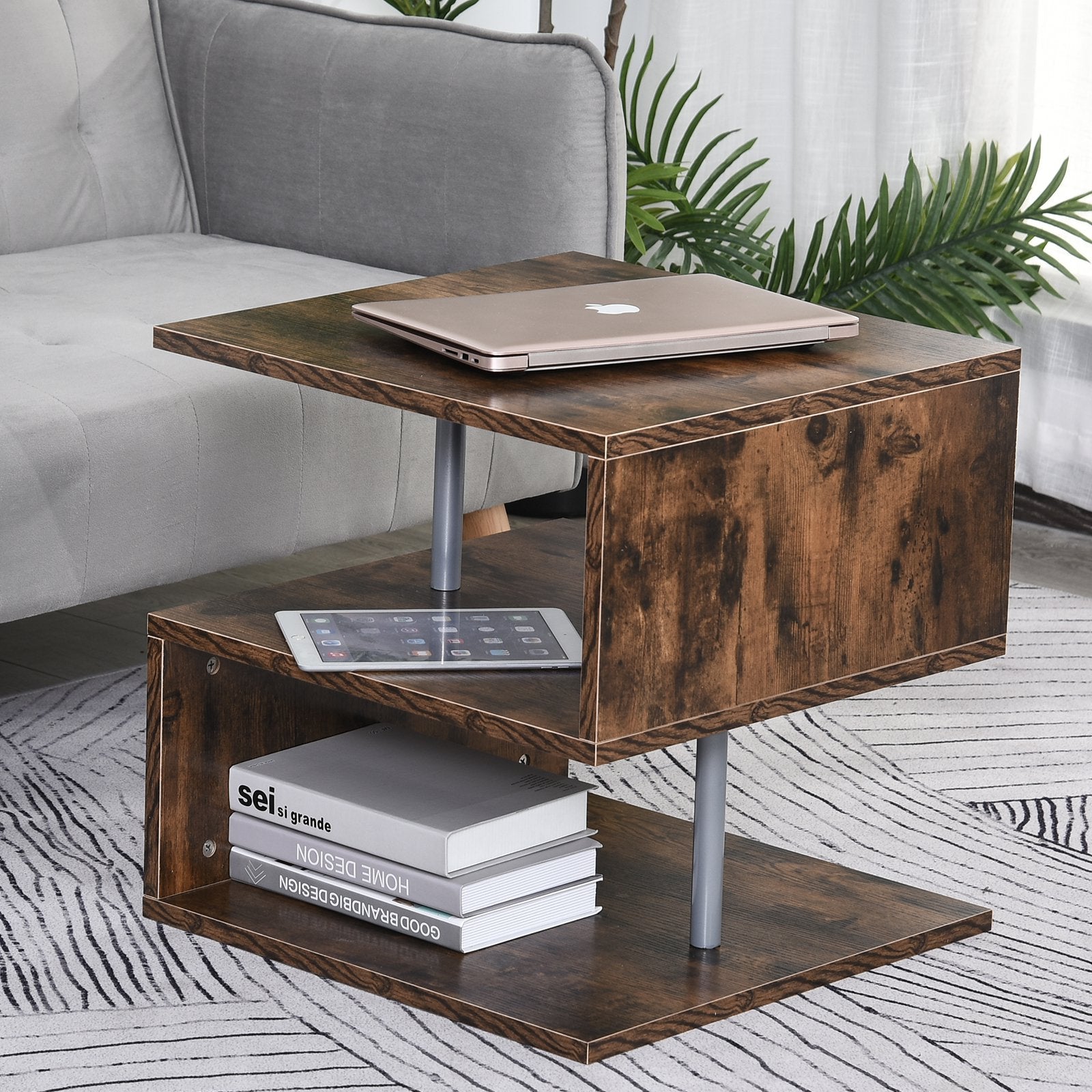 Wooden S Shape Cube Coffee Table 2 Tier Storage Shelves Organizer Office Bookcase Living Room End Desk Stand Display (Rustic Brown)