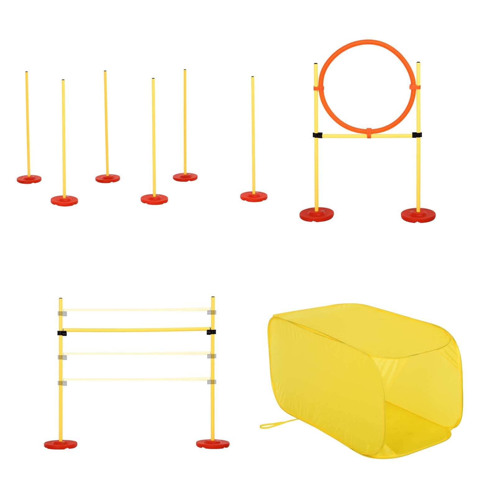 Dog Agility Equipment Portable Pet Training Obstacle Set for Dogs 5 Pieces w/ Adjustable High Jumping Pole, Jumping Ring, Weave Poles, Tunnel