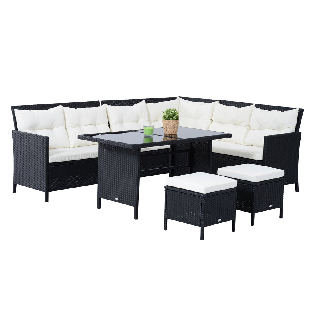 8-Seater Garden Rattan Furniture Rattan Corner Dining Sofa Set Wicker Conservatory Furniture Lawn Patio Coffee Table Foot Stool w/Cushion-Black