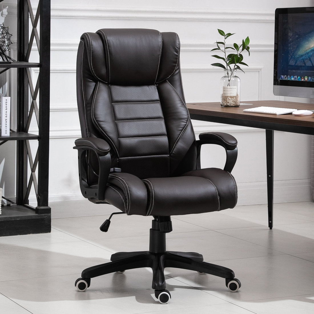 Office Chair with 6-Point Maaage and Back Heat, PU Desk Chair with Padded Seat and Armrest, Computer Chair with Tilt Function for Home, Brown
