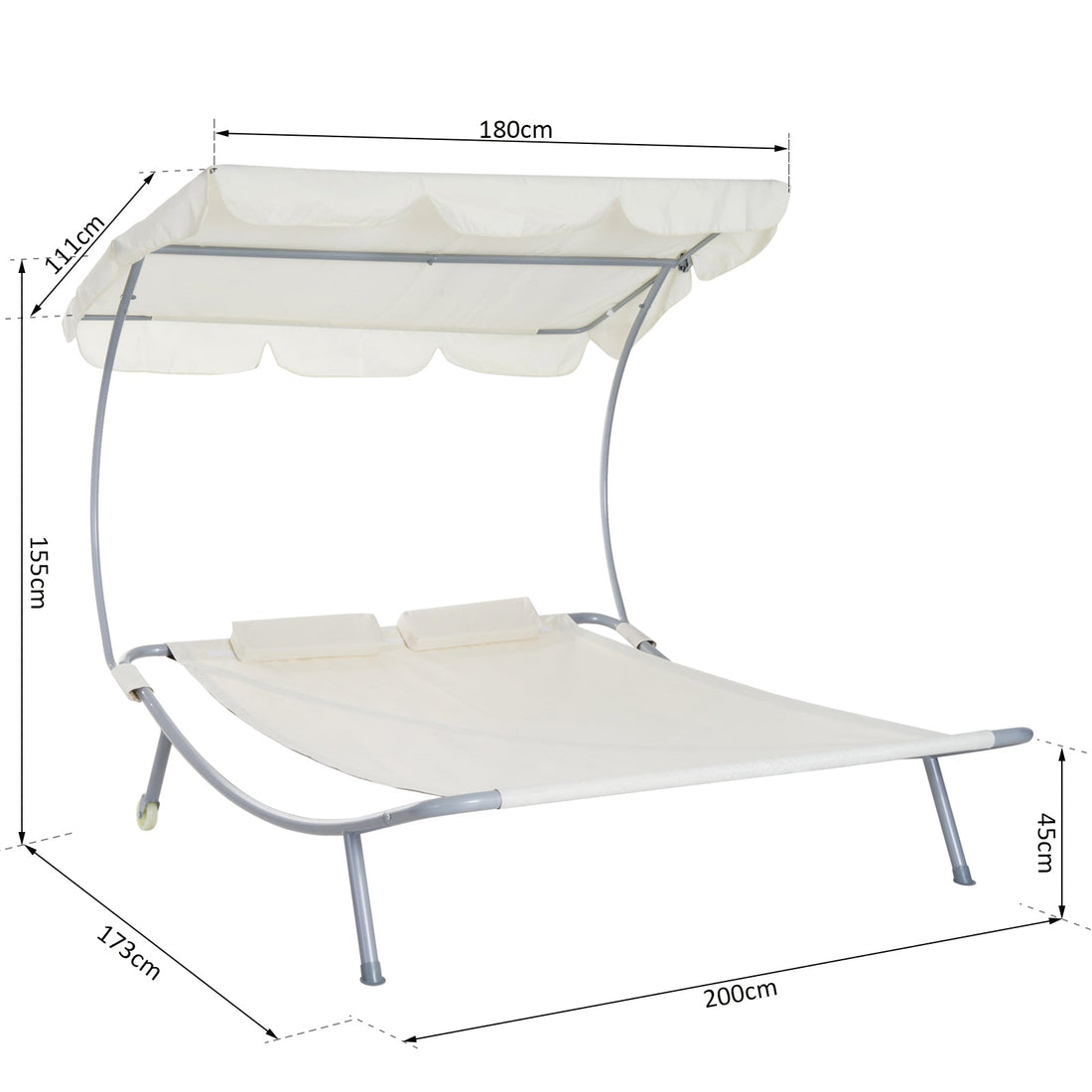 Double Hammock Sun Lounger Bed with Canopy Shelter, Wheels & 2 Pillows, White