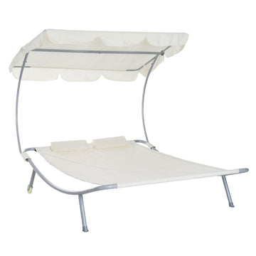 Double Hammock Sun Lounger Bed with Canopy Shelter, Wheels & 2 Pillows, White