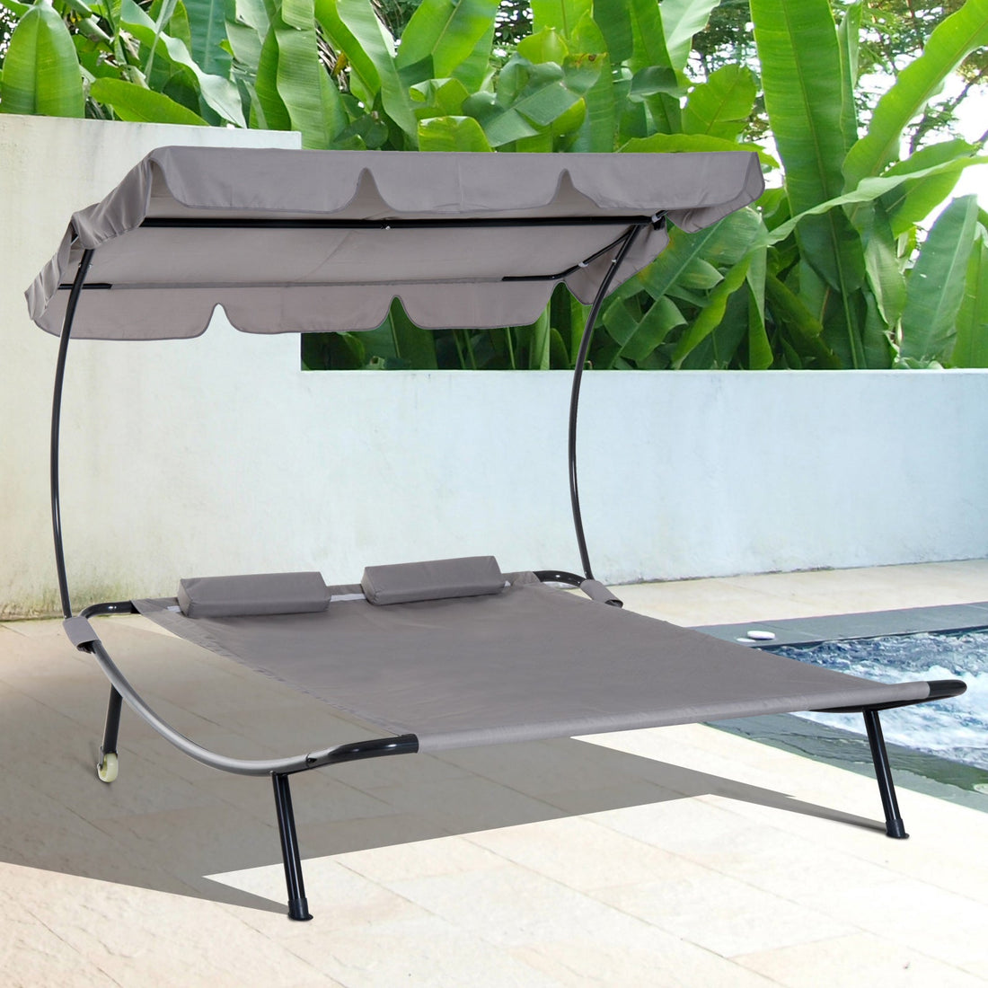 Double Hammock Sun Lounger Bed with Canopy Shelter, Wheels & 2 Pillows, Grey