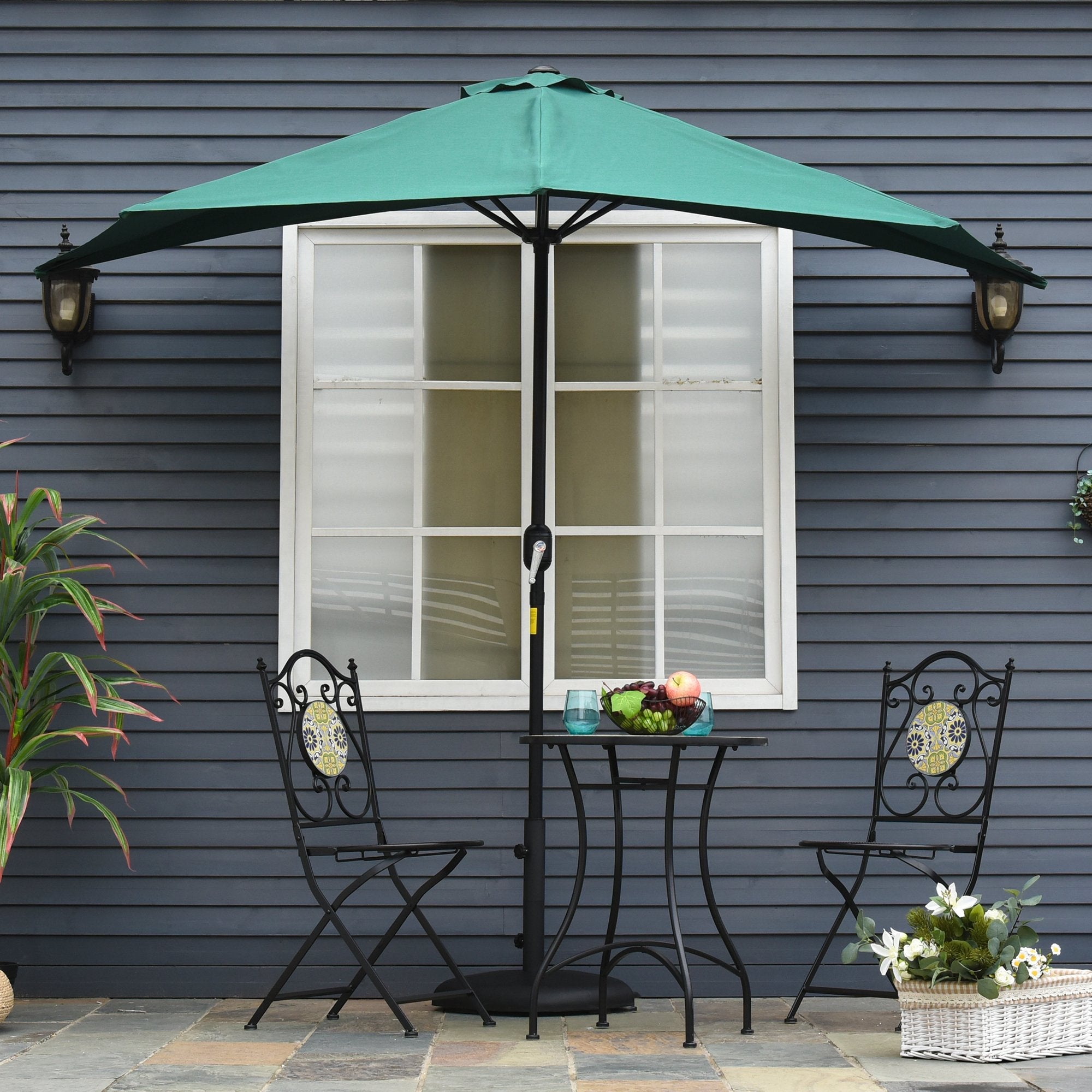 3(m) Half Parasol, Semi Round Umbrella with Metal Frame, Crank Handle for Balcony, Garden, Green