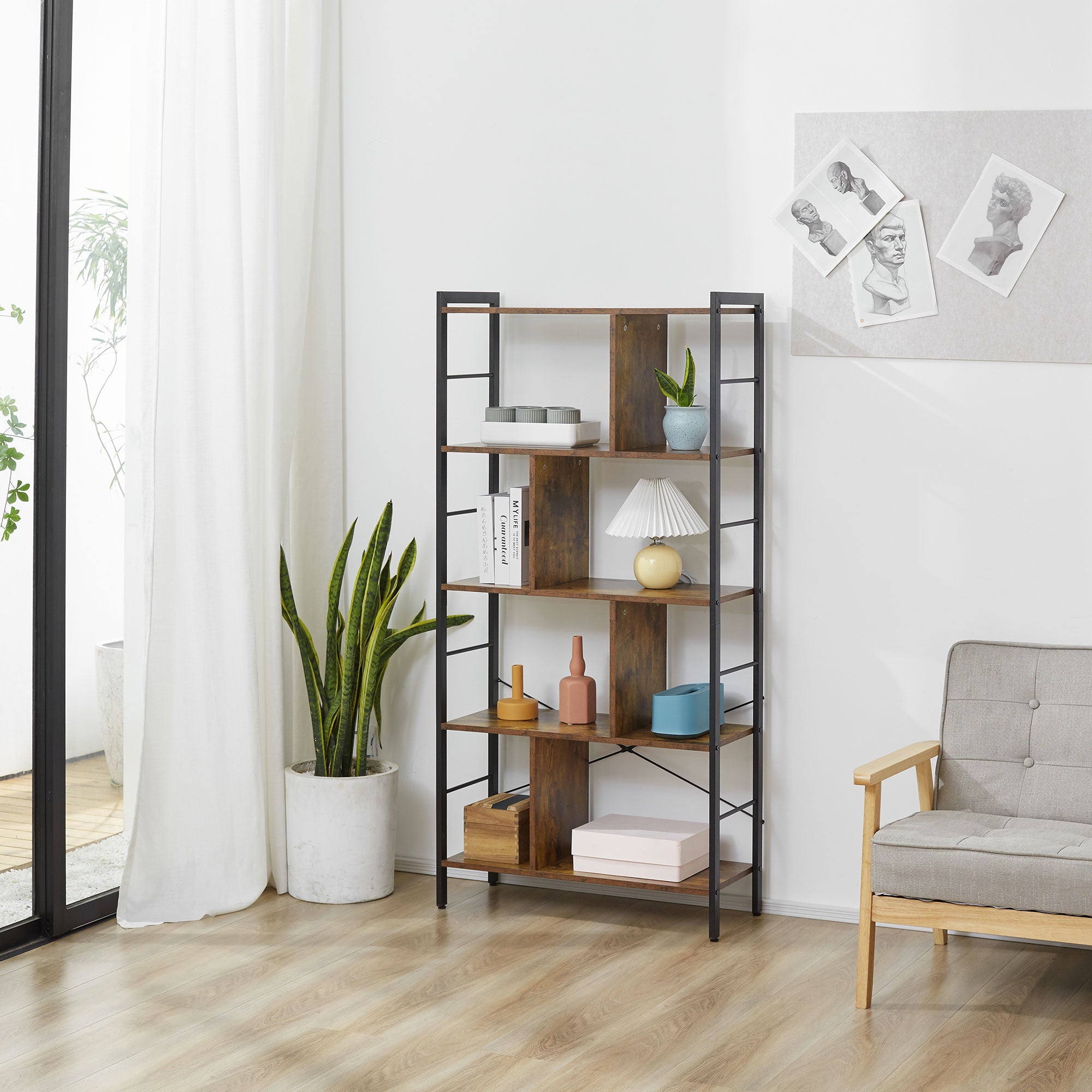 Industrial Storage Unit, 5 Tiers Bookcase with Open Compartments for Office Living Room, Bedroom, Rustic Brown and Black