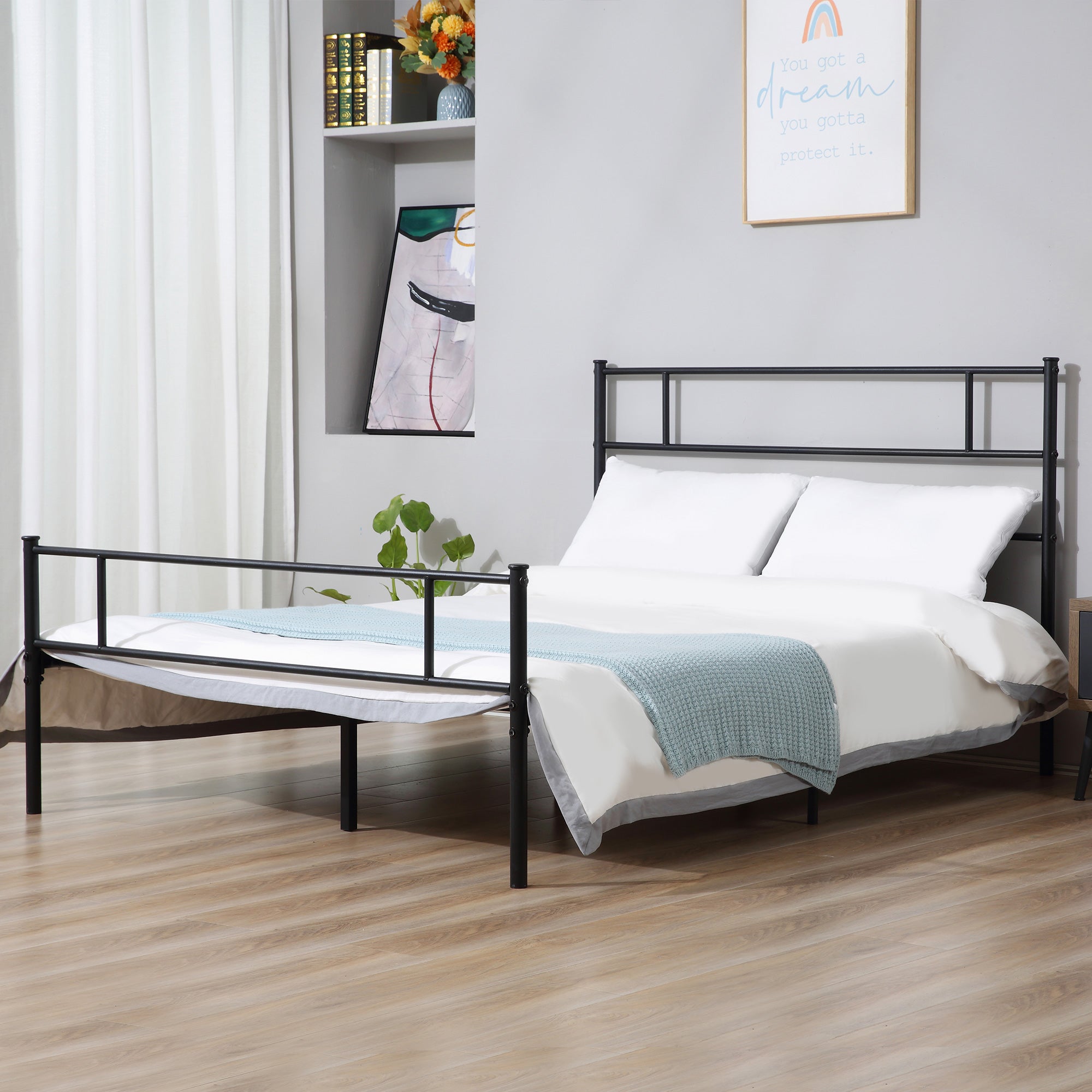 King Metal Bed Frame Solid Bedstead Base with Headboard and Footboard, Metal Slat Support and Underbed Storage Space, Bedroom Furniture, Black