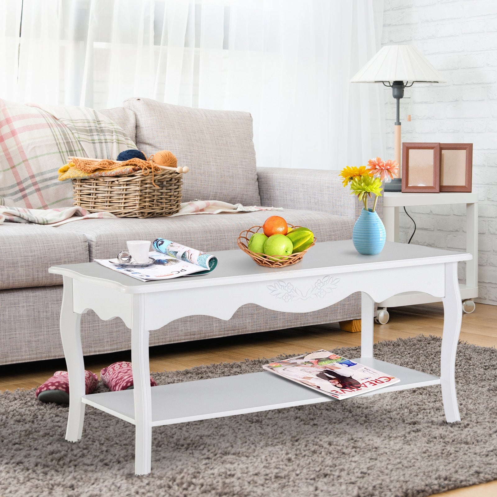 White Coffee Table Wood Cocktail Tea Centre Table with Storage Shelf for Living Room Reception Room, 94L x 44W x 42H cm