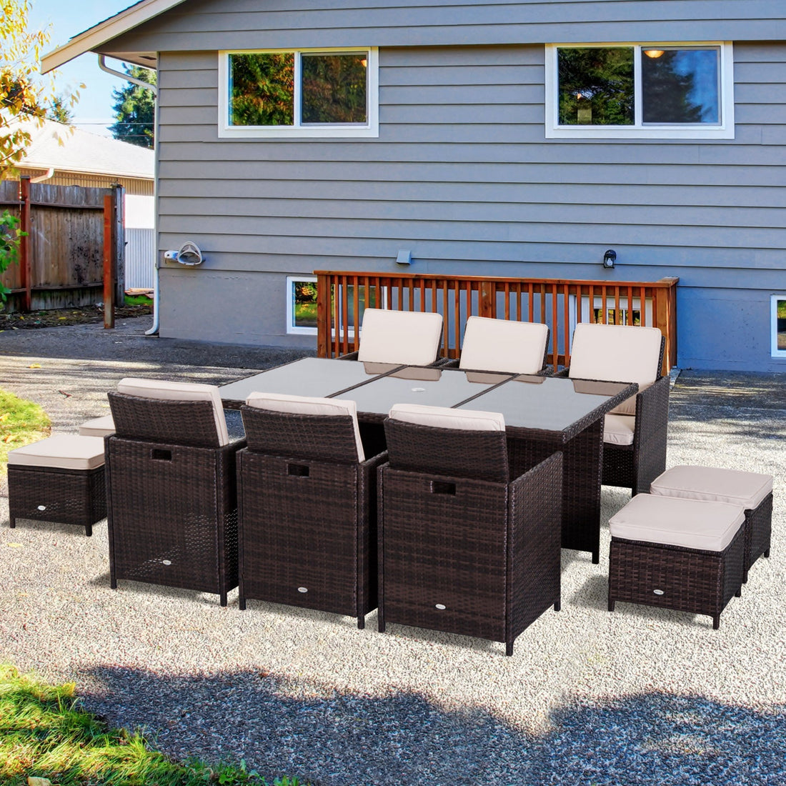10 Seater Rattan Cube Garden Furniture Set with Parasol Hole, Rattan Dining Set with Cushions, Outdoor Dining Table and Chairs with Rectangular Glass Top Table for Patio, Mixed Brown