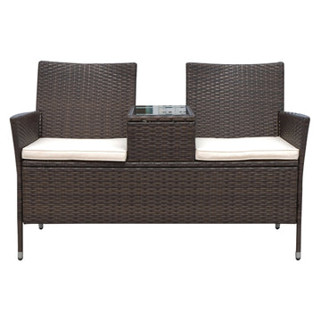 2 Seater Rattan Campanion Chair Wicker Loveseat Outdoor Patio Armchair with Drink Table Garden Furniture - Dark Brown