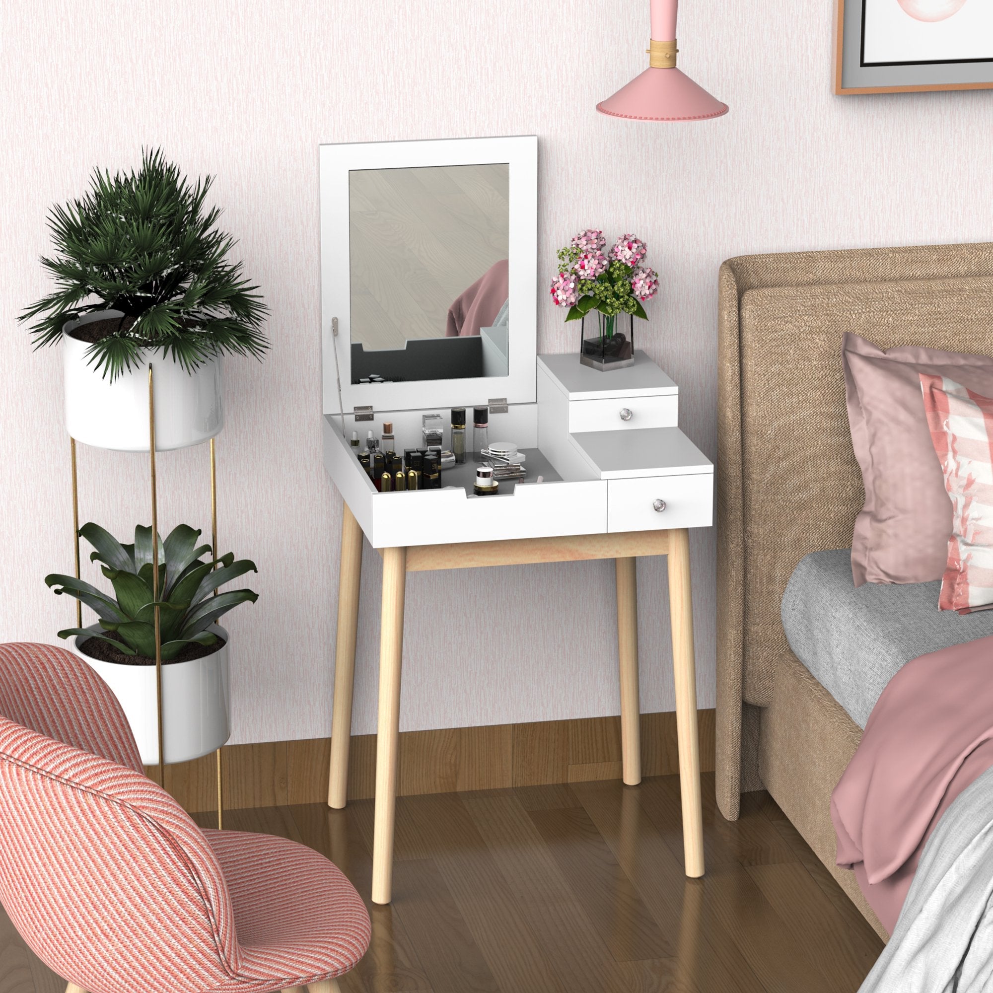Dressing Table with Flip-up Mirror, Makeup Desk with 2 Drawers, Vanity Table Writing Desk for Bedroom Living Room, White