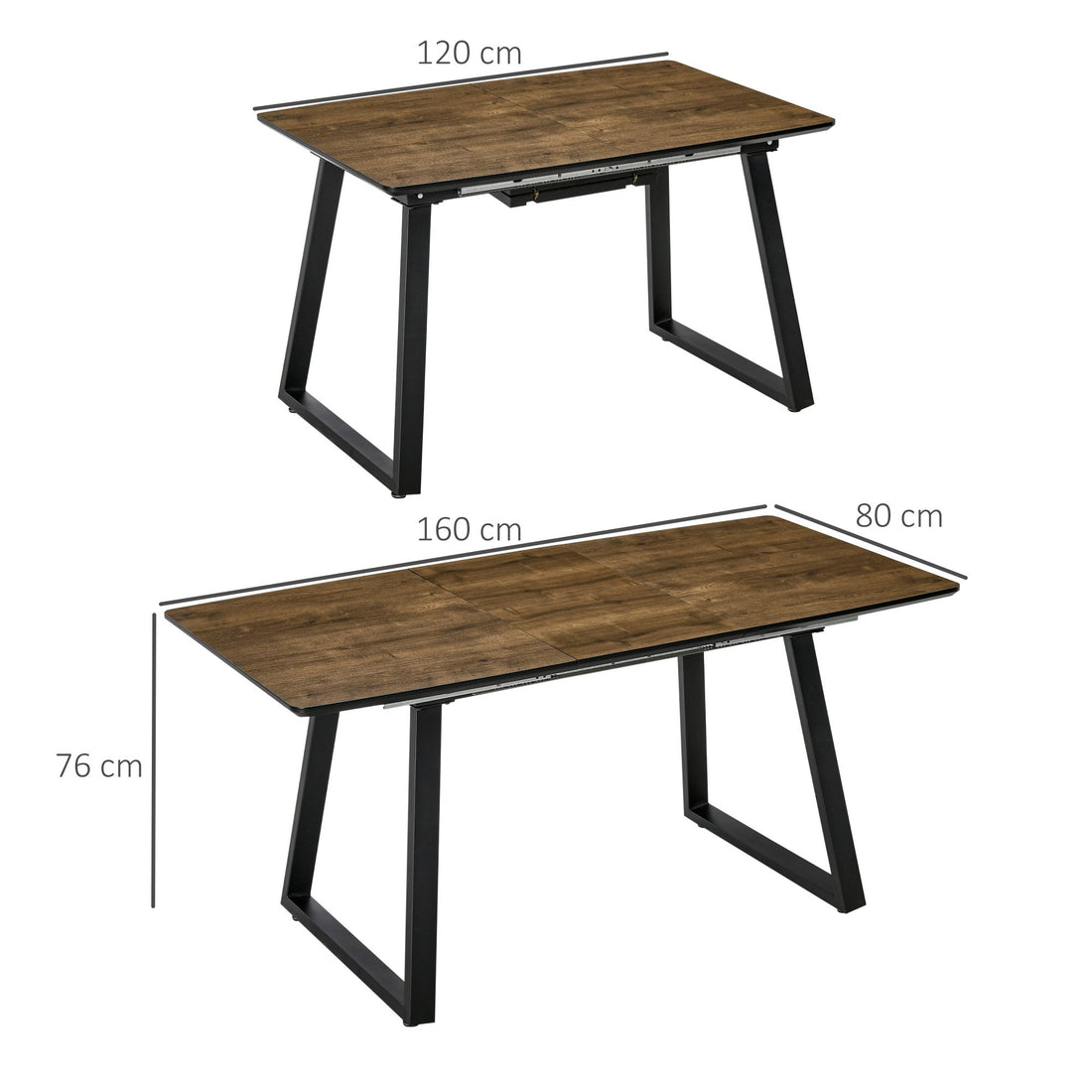 Extendable Dining Table Rectangular Wood Effect Tabletop for 4-6 People with Steel Frame & Hidden Leaves for Kitchen, Dining Room, Living Room
