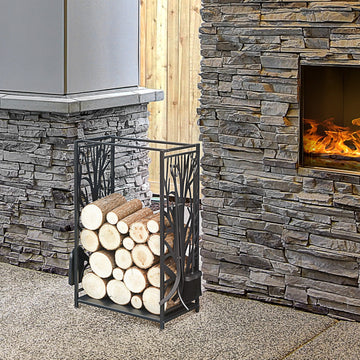 Steel Firewood Log Holder Indoor Outdoor Firewood Rack Fireplace Wood Storage Shelf with 4 Tools, Hooks, Tree Pattern Design, Rust-Resistant, Black, 46W x 30D x 70H cm