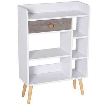 Bookcase, Freestanding Book Shelf with Storage Drawer, 6 Shelves and Wood Legs for Home Office Display, White and Grey, 24D x 60W x 86.8H cm