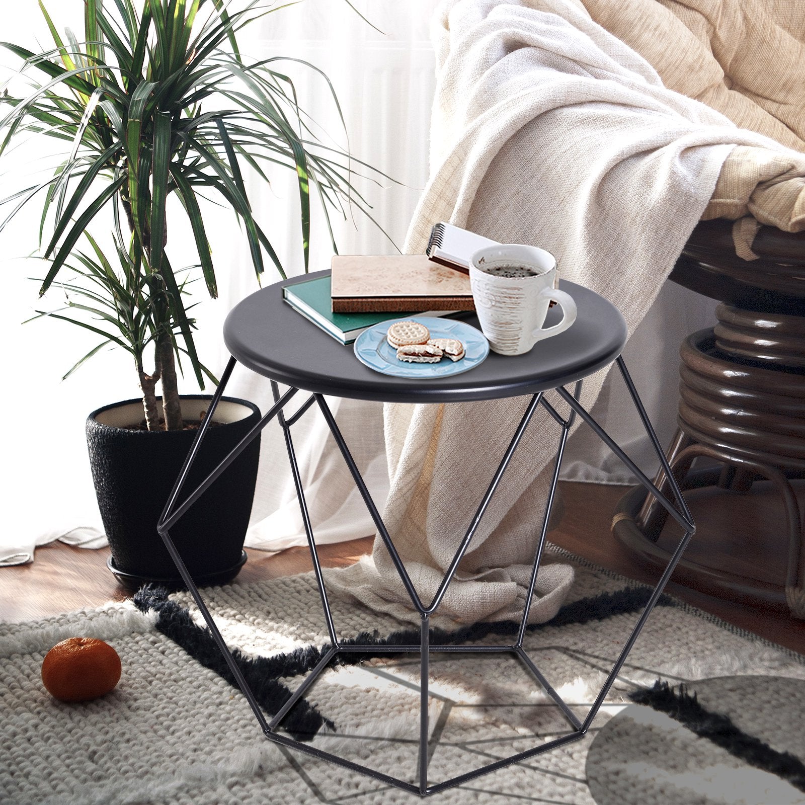 Round Side Table, Minimalist End Table with Steel Frame, Small Coffee Table for Living Room, Bedroom, Black