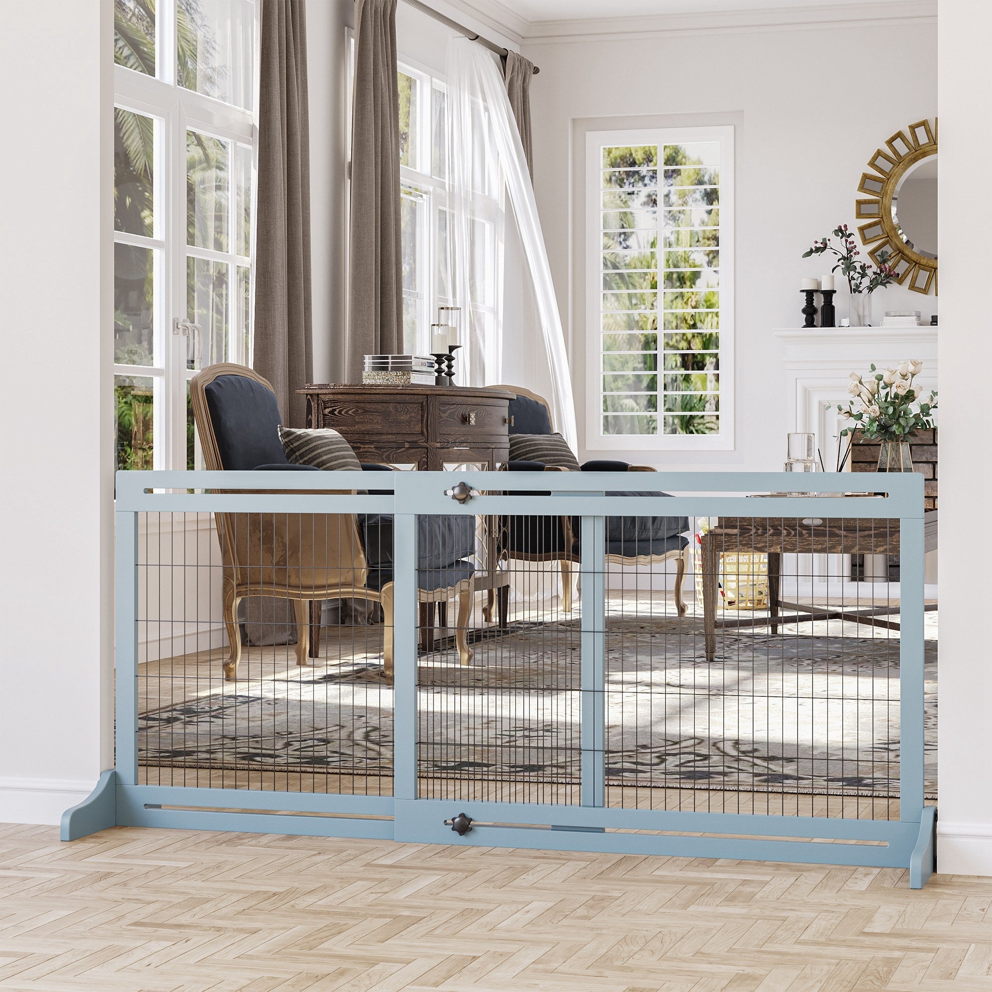 Freestanding Dog Gate, Foldable Pet Fence, Indoor Wood Barrier, Stair Gate with Support Feet, for Doorway, Hallway, Small and Medium Dogs, 69H x 104-183 cm, Blue-grey