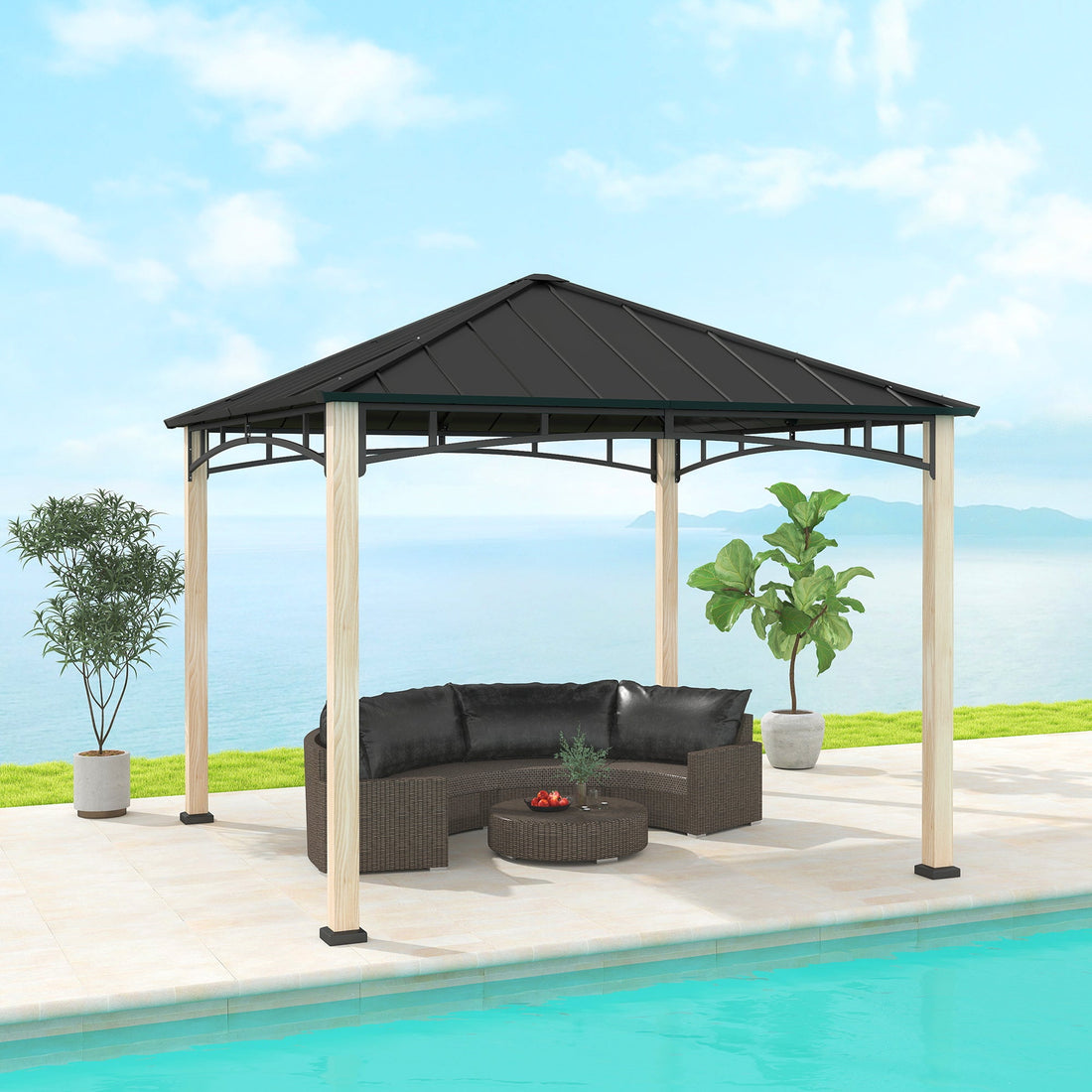 3 x 3 m Decorative Metal Gazebo - Black/Wood-Effect