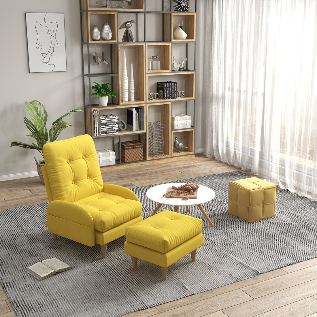 Upholstered Recliner Armchair with Footstool Set, Modern Button Tufted Accent Chair with Adjustable Backrest, Cushions, Wood Legs and Side Pockets for Living Room, Bedroom, Home Study, Yellow