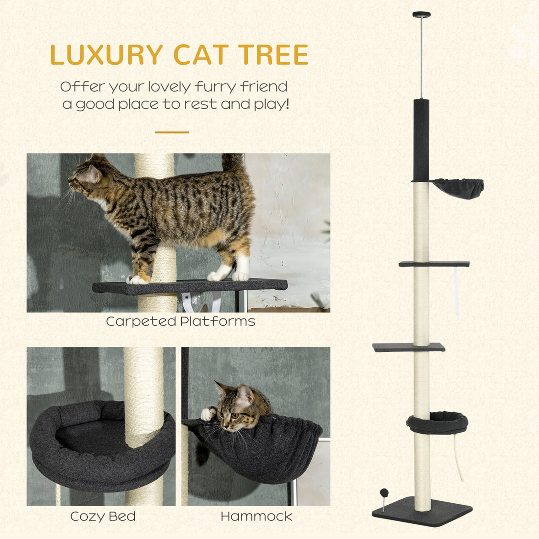 240-270cm Floor-To-Ceiling Cat Tree, 5 Tier Cat Climbing Tower, with Bed, Hammock, Platforms, Black and Cream