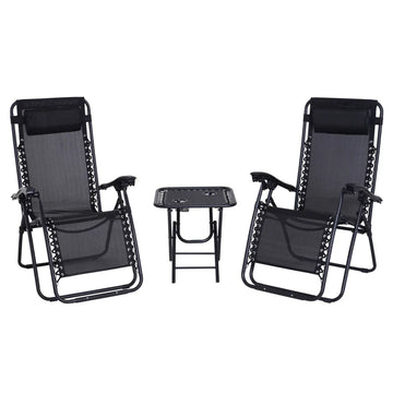 Folding Zero Gravity Chairs, 3 Pieces Adjustable Sun Lounger and Table Set with Cup Holder and Headrest, Patio Bistro Set with Reclining Garden Chairs for Outdoor, Black