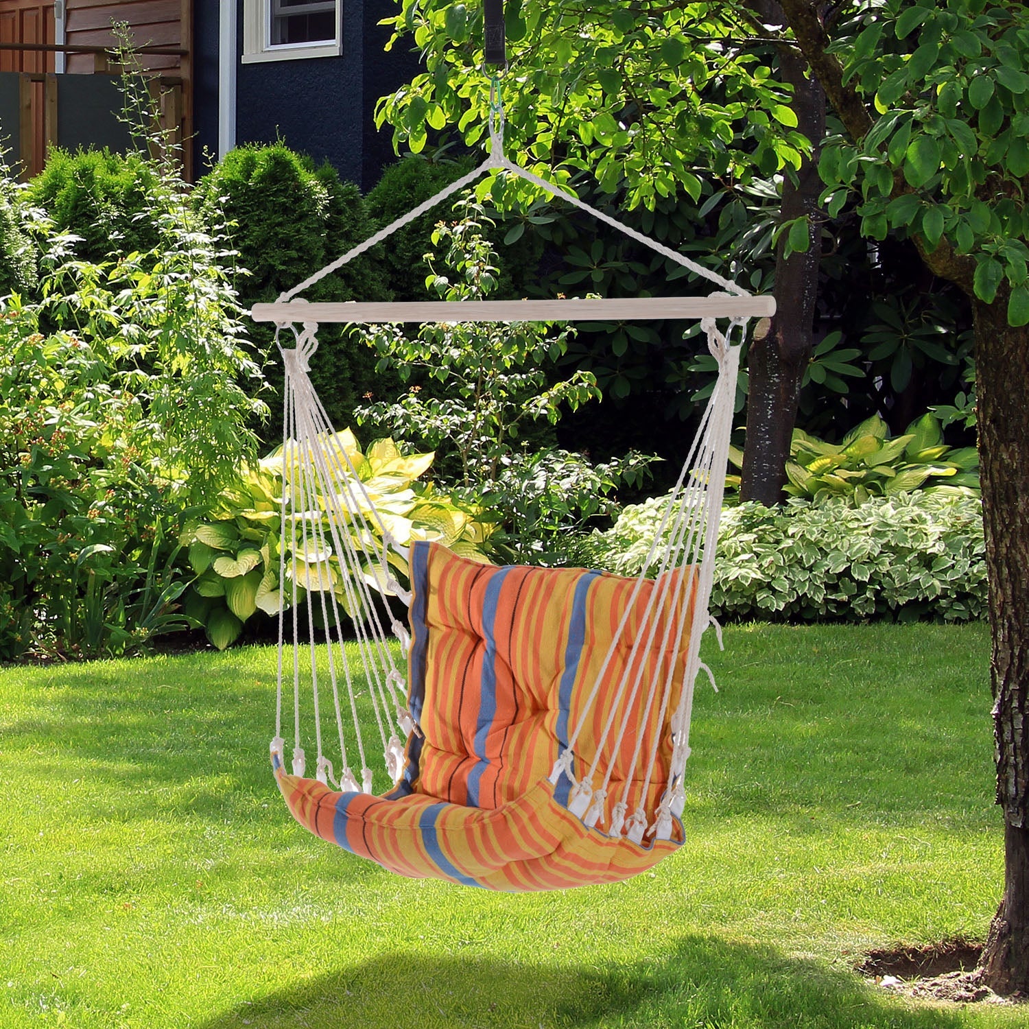 Outdoor Hanging Rope Chair with Soft Padded Seat & Backrest, Garden Hammock Chair with Wooden Support Bar Cotton Cloth, Portable Garden Chair for Patio & Tree, Orange