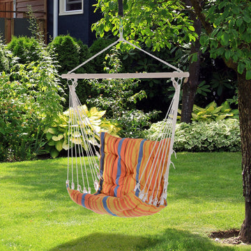Outdoor Hanging Rope Chair with Soft Padded Seat & Backrest, Garden Hammock Chair with Wooden Support Bar Cotton Cloth, Portable Garden Chair for Patio & Tree, Orange