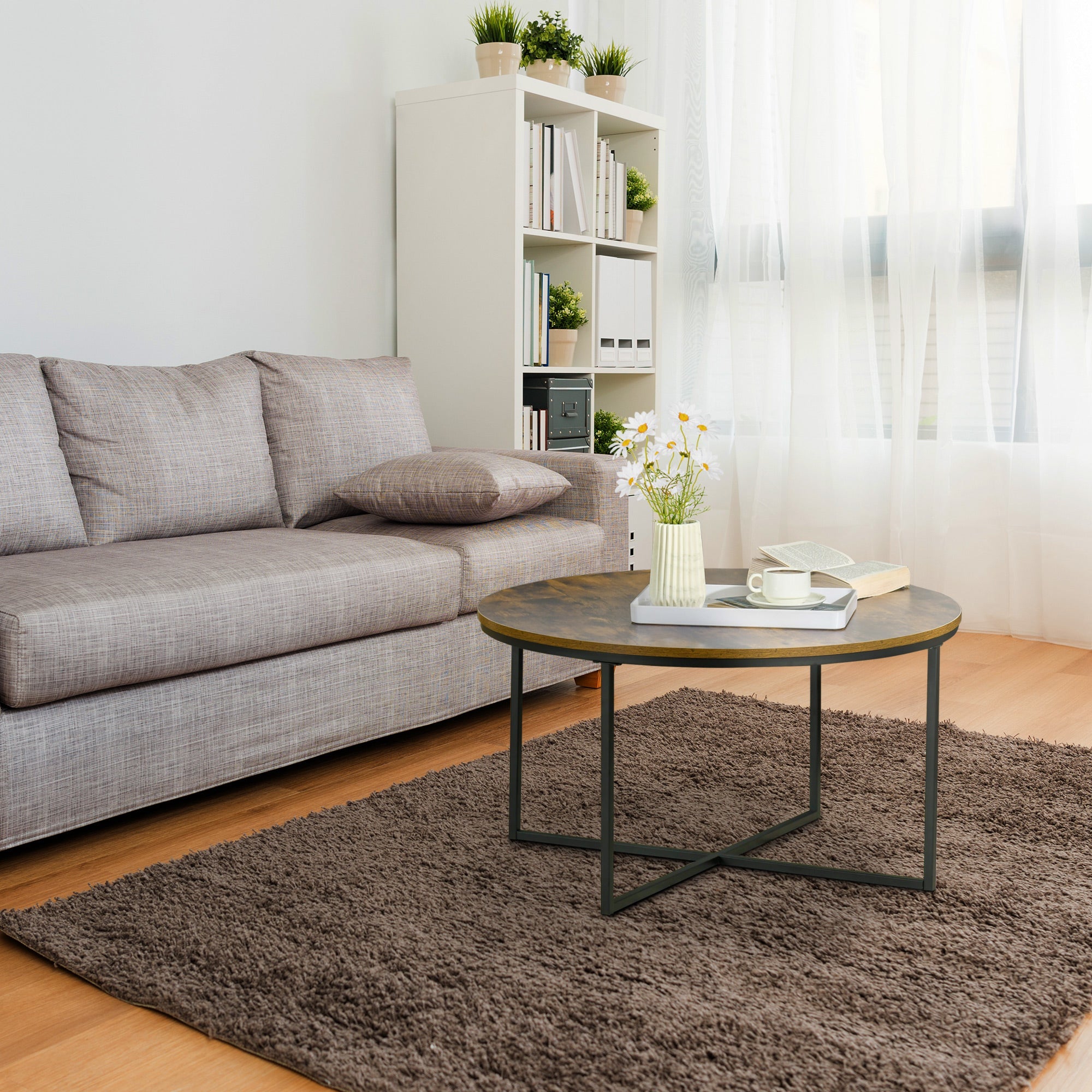 Round Coffee Table, Industrial Side Table with Metal Frame, Large Coffee Tables for Living Room, Bedroom, Rustic Brown