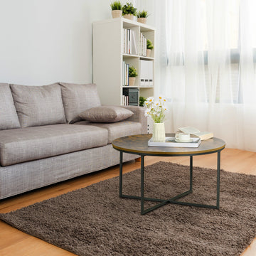 Round Coffee Table, Industrial Side Table with Metal Frame, Large Coffee Tables for Living Room, Bedroom, Rustic Brown